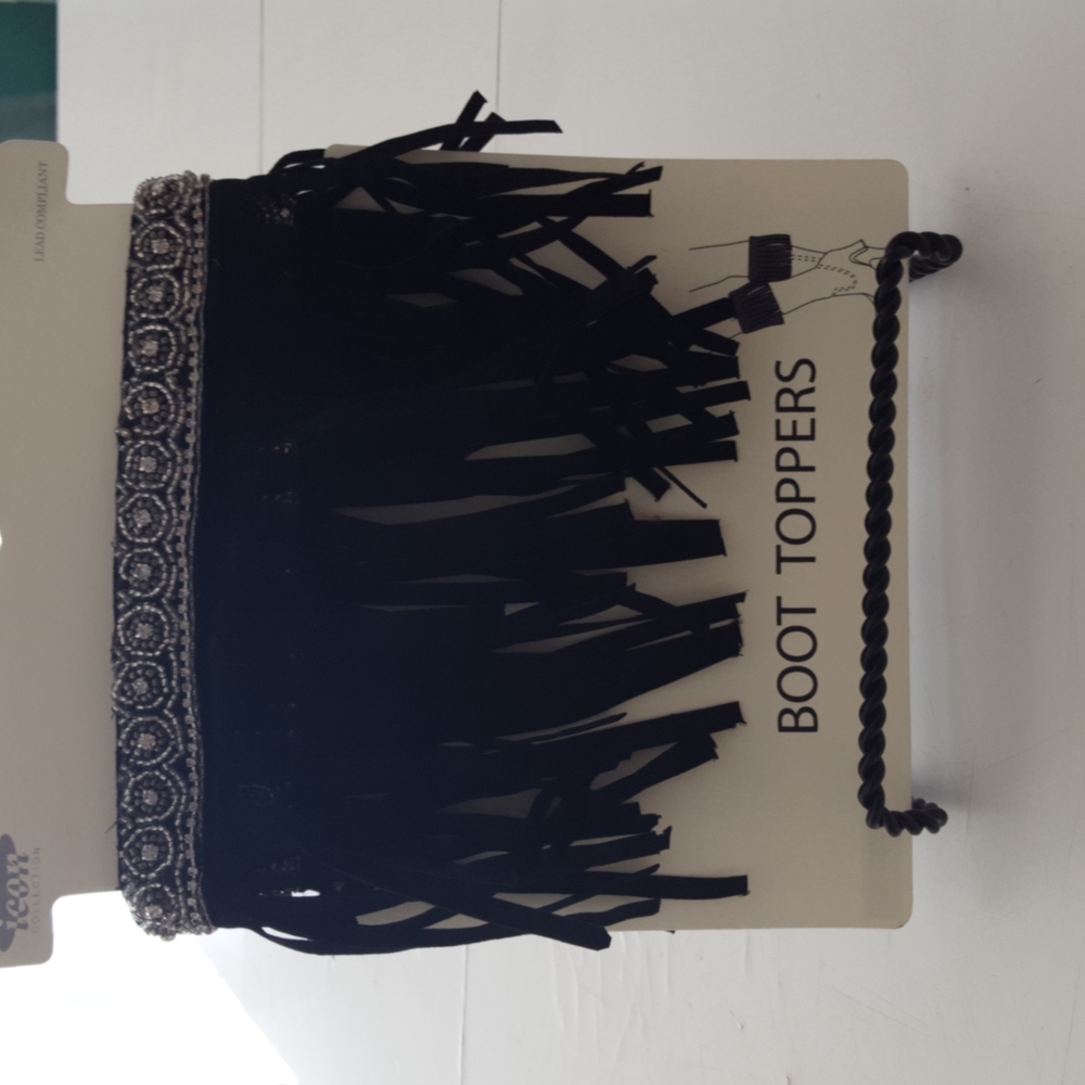 BLACK Beaded Suede Fringe Boot Toppers